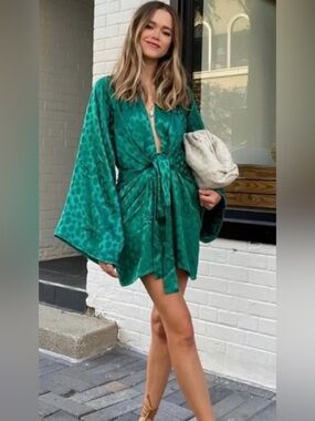 Rat & Boa Emerald Satin Polka-Dot Mini Dress